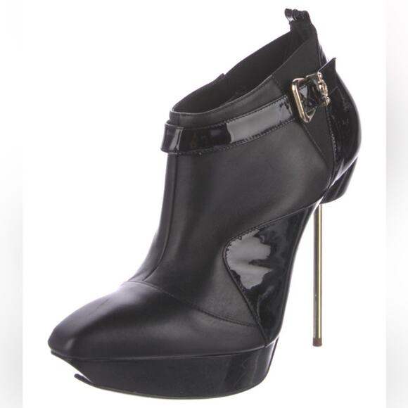 Versace Leather Ankle Biker Boots - size 8.5 - Glossy Black Y2k Stiletto Heels - Picture 1 of 8
